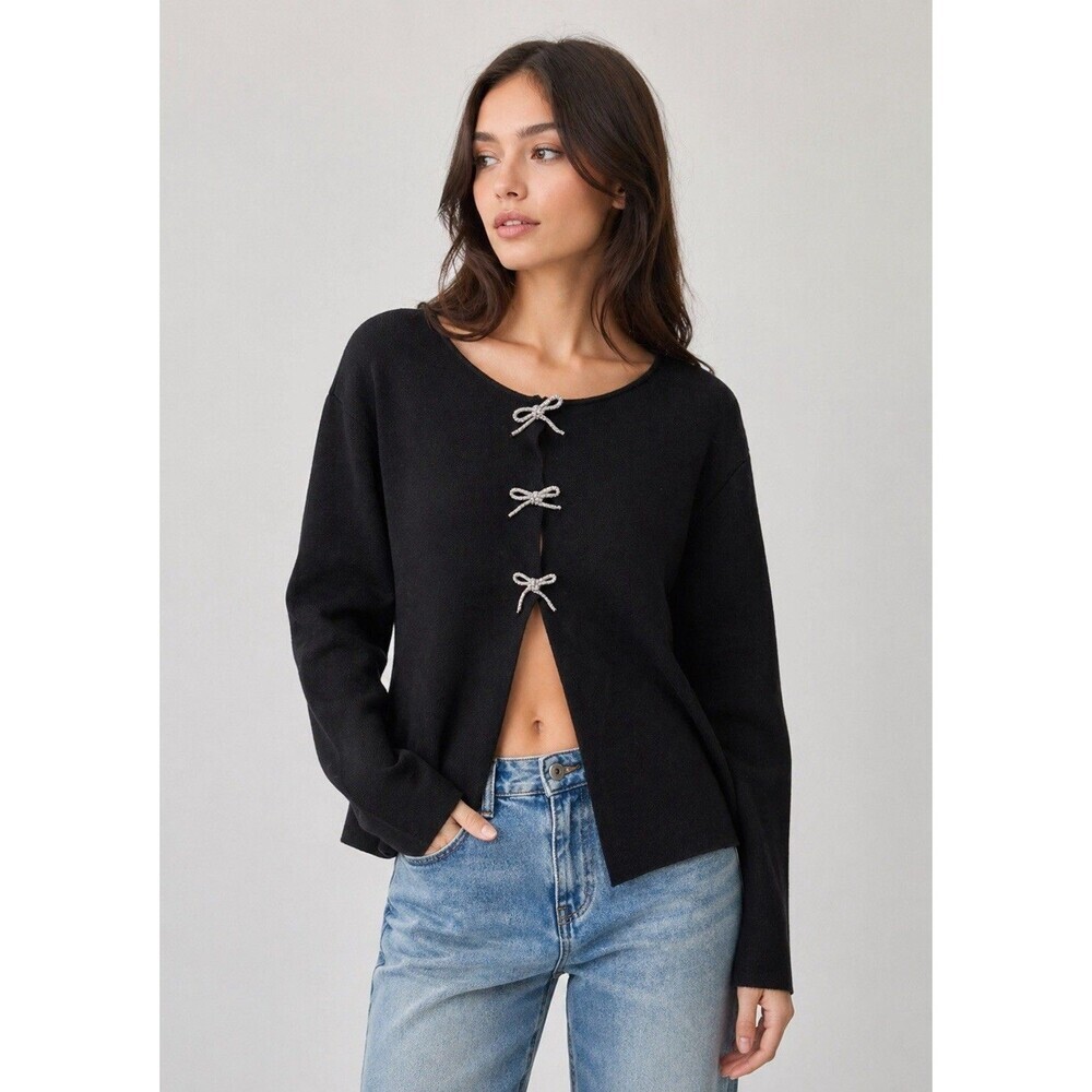 Sioni Women's New Sweater Long Sleeve Black Rhinestone Bow Closure Size XL